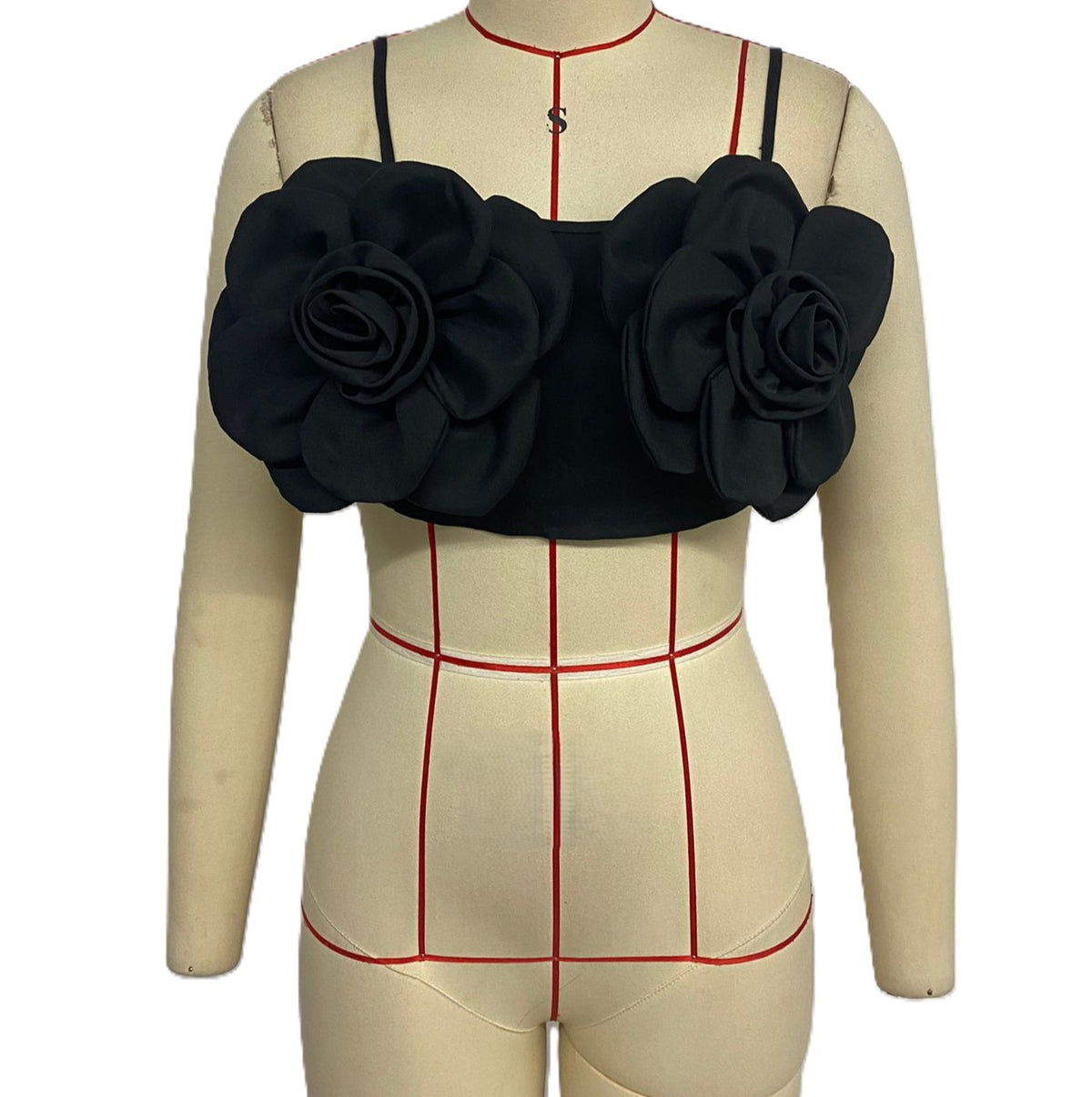 Rosette Floral Bandeau Crop Camisole - Black