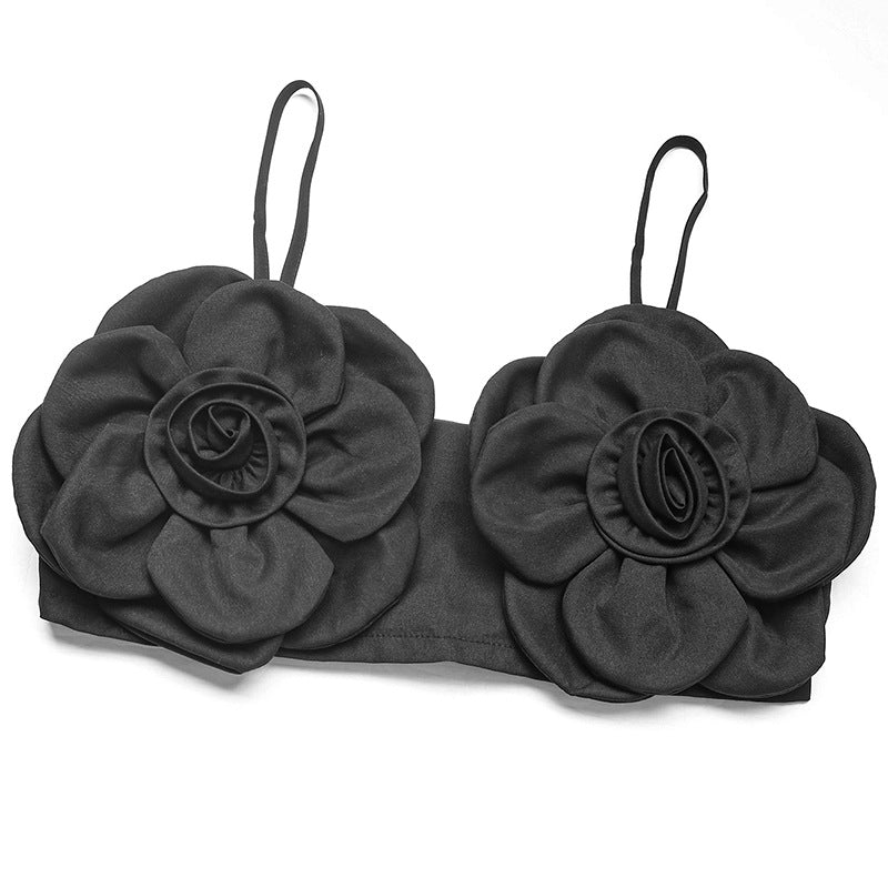 Rosette Floral Bandeau Crop Camisole - Black - 1