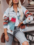 Western Geometric Print Denim Trucker Jacket - Light blue