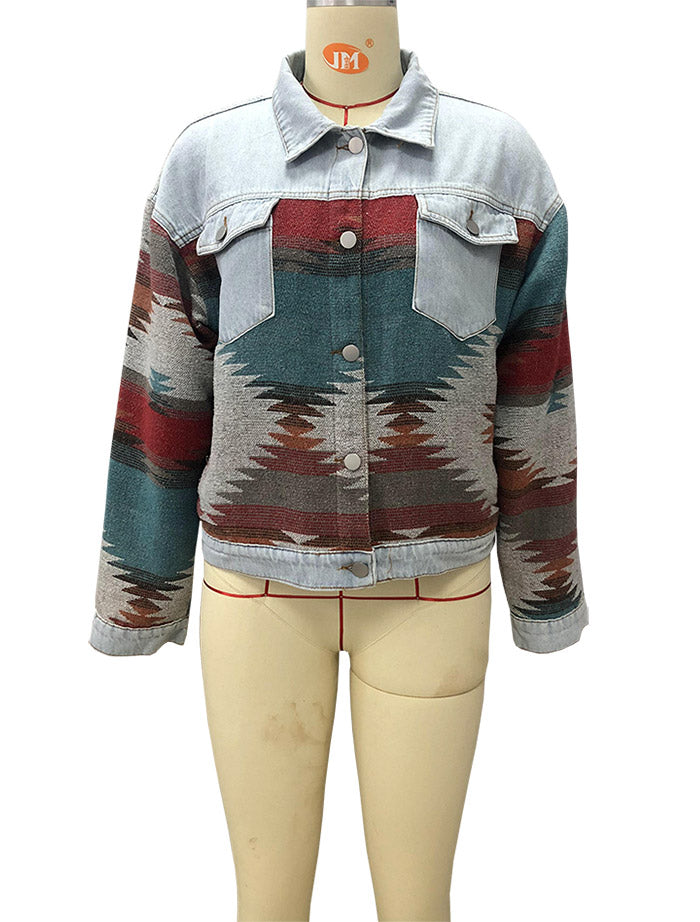 Western Geometric Print Denim Trucker Jacket - Light blue - 1