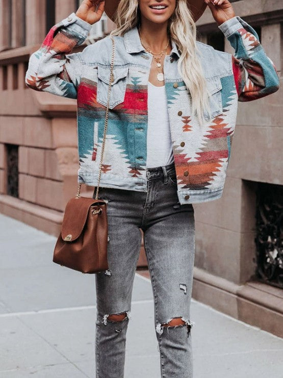 Western Geometric Print Denim Trucker Jacket - Light blue - 10