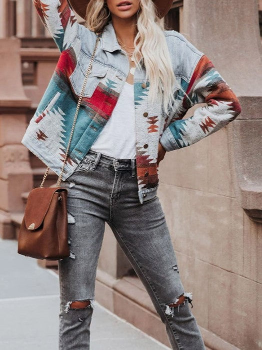 Western Geometric Print Denim Trucker Jacket - Light blue - 11