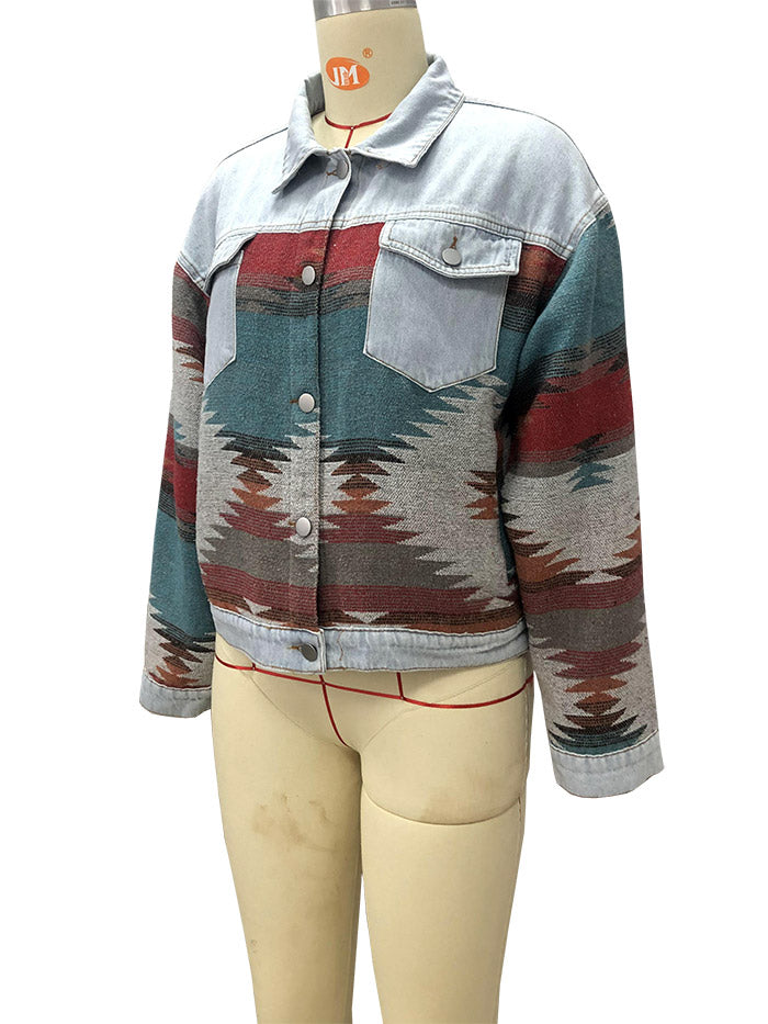 Western Geometric Print Denim Trucker Jacket - Light blue - 2