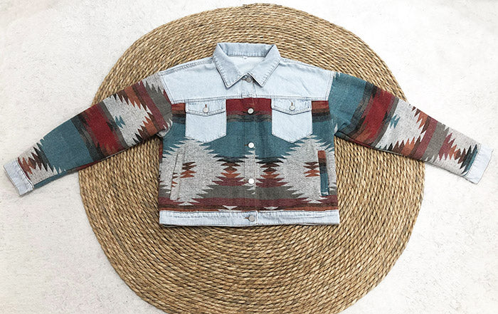 Western Geometric Print Denim Trucker Jacket - Light blue - 4