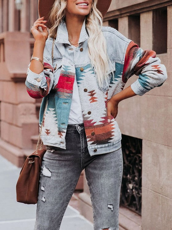 Western Geometric Print Denim Trucker Jacket - Light blue - 6
