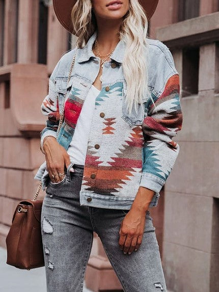 Western Geometric Print Denim Trucker Jacket - Light blue - 8
