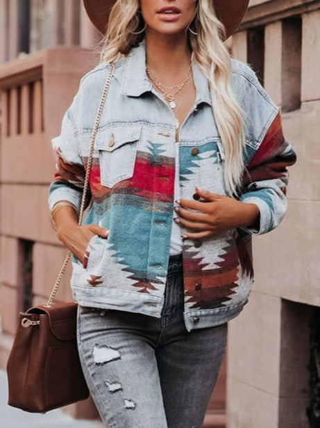Western Geometric Print Denim Trucker Jacket - Light blue - 9