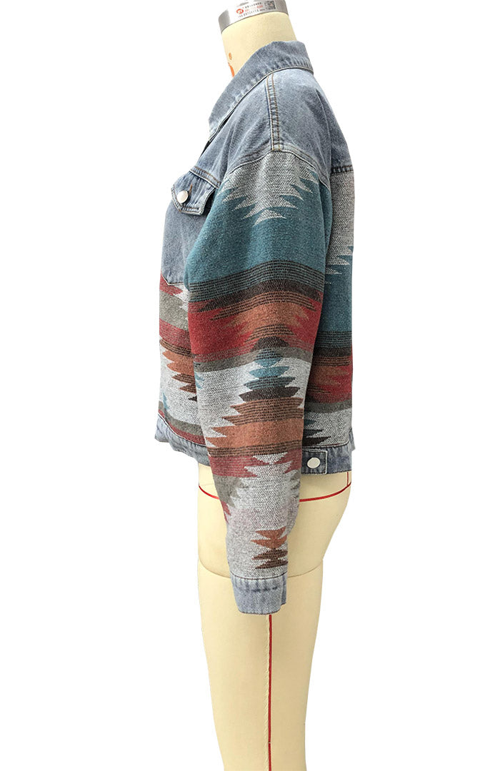Western Geometric Print Denim Trucker Jacket - blue - 1