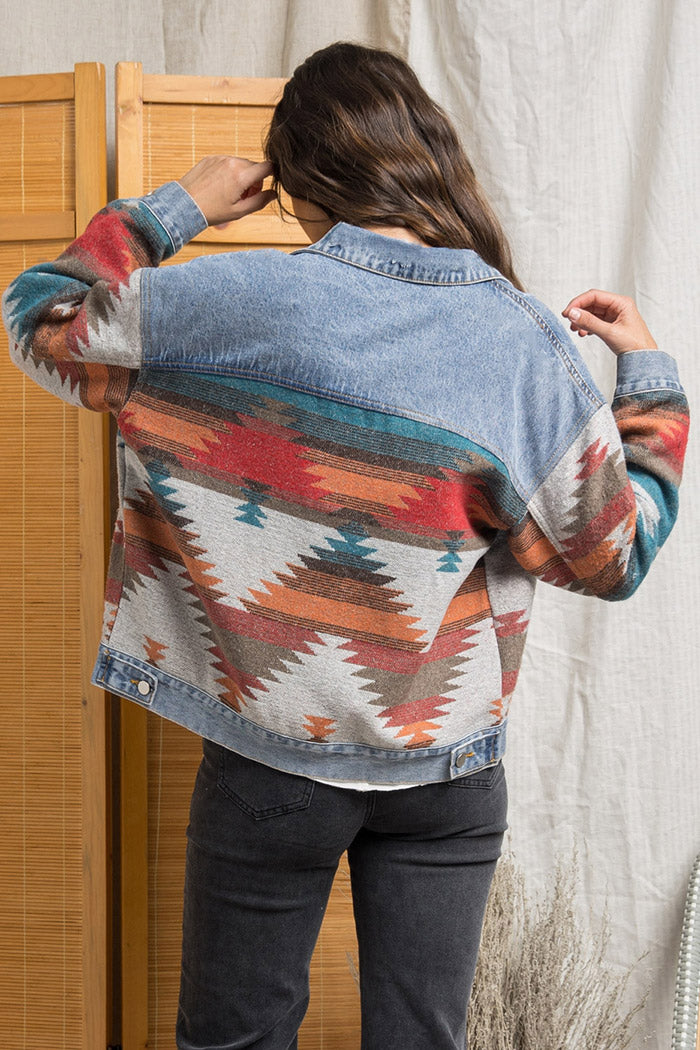 Western Geometric Print Denim Trucker Jacket - blue - 10