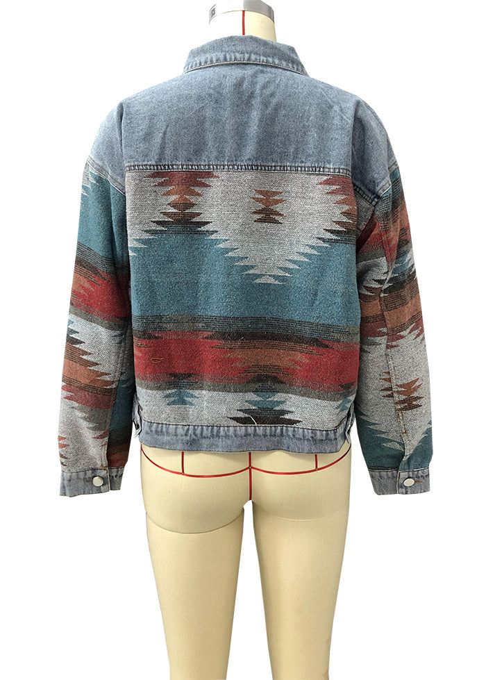 Western Geometric Print Denim Trucker Jacket - blue - 2