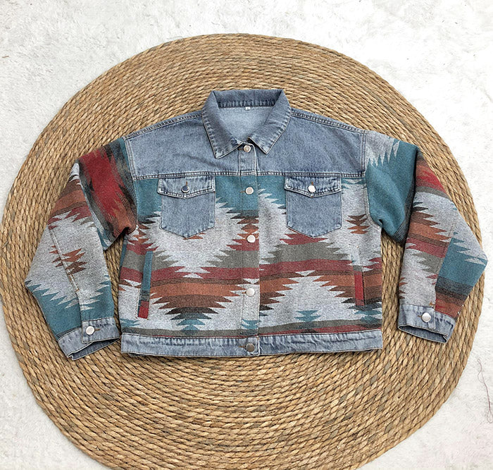 Western Geometric Print Denim Trucker Jacket - blue - 3