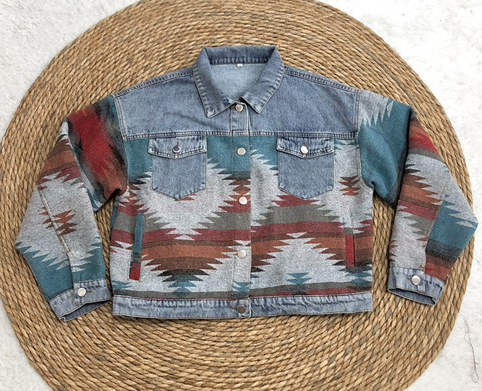 Western Geometric Print Denim Trucker Jacket - blue - 4