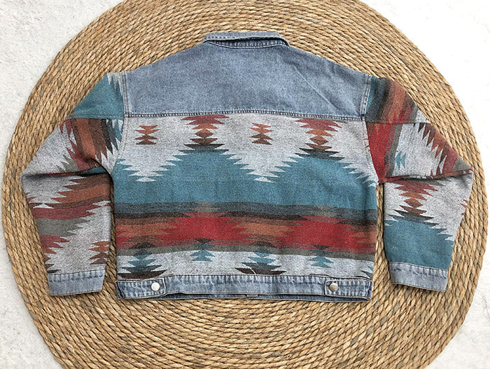 Western Geometric Print Denim Trucker Jacket - blue - 5