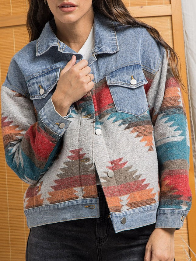 Western Geometric Print Denim Trucker Jacket - blue - 6