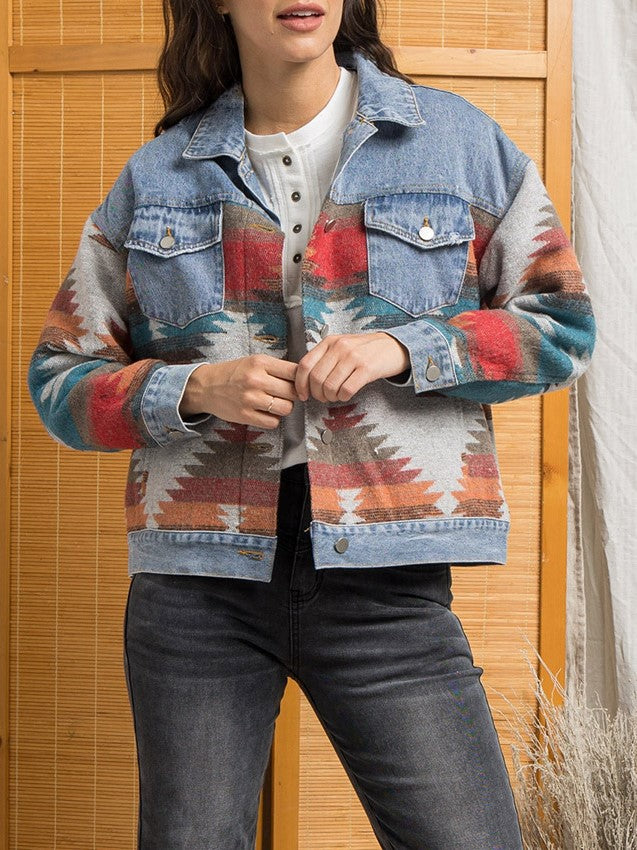Western Geometric Print Denim Trucker Jacket - blue - 7