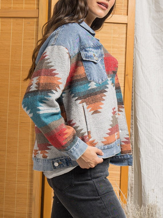 Western Geometric Print Denim Trucker Jacket - blue - 8