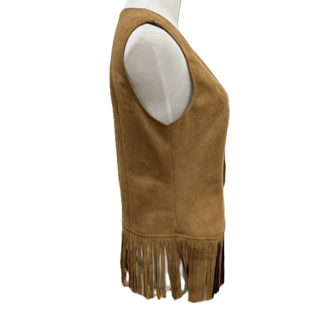 Fringed Faux Suede Button Western Vest - Brown