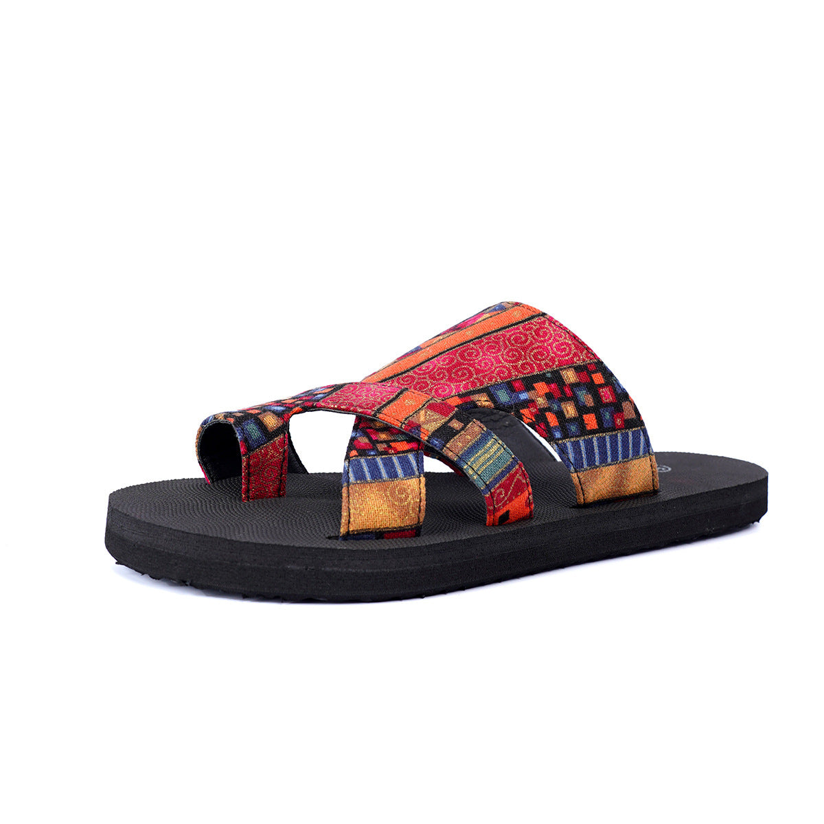 Printed Toe Loop Flat Slide Sandals - Red