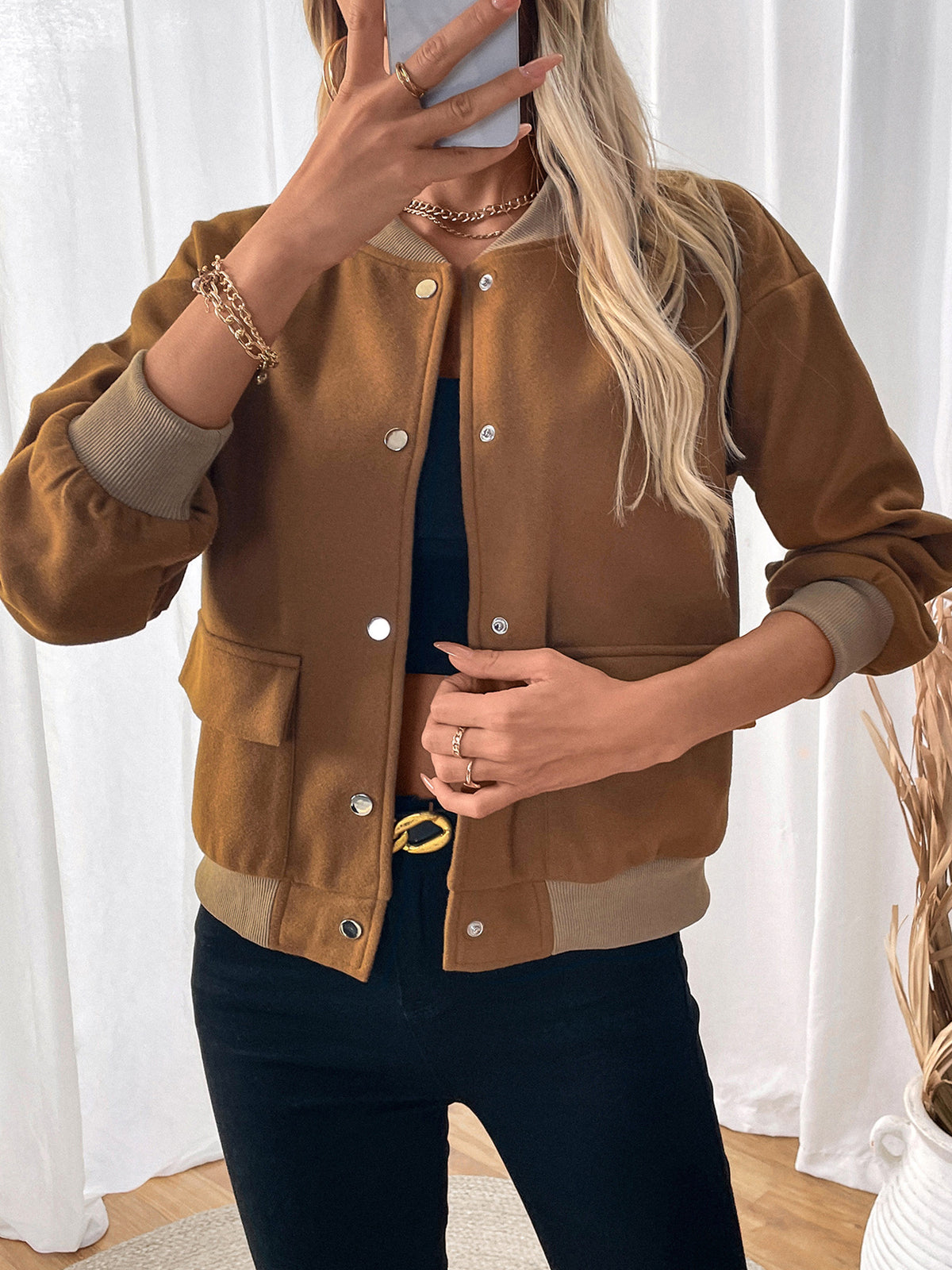 Snap Front Ribbed Trim Bomber Jacket - Brown