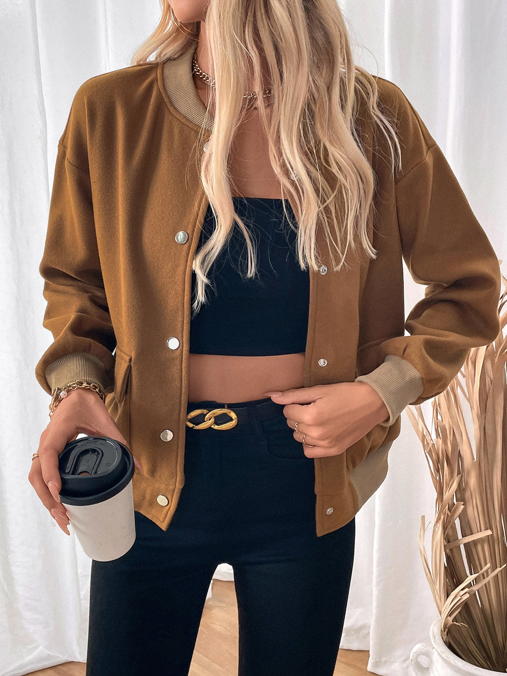 Snap Front Ribbed Trim Bomber Jacket - Brown - 1
