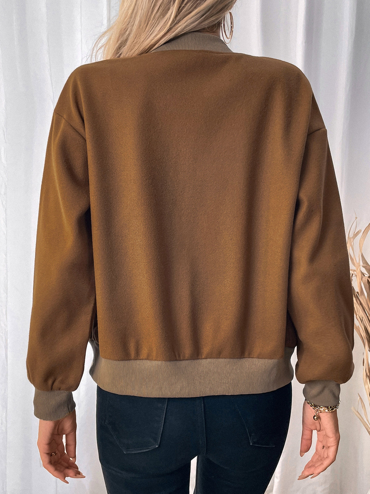 Snap Front Ribbed Trim Bomber Jacket - Brown - 2