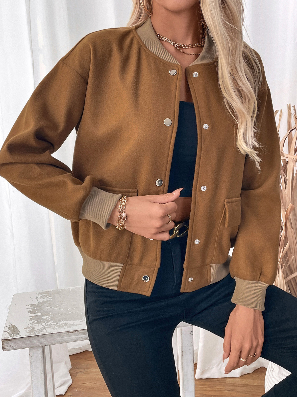 Snap Front Ribbed Trim Bomber Jacket - Brown - 3