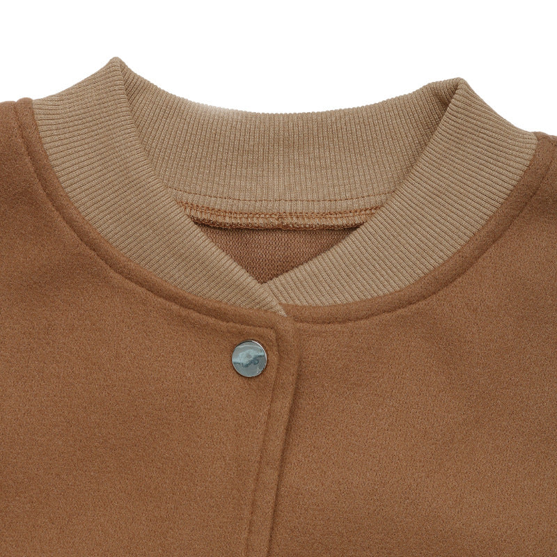 Snap Front Ribbed Trim Bomber Jacket - Brown - 4