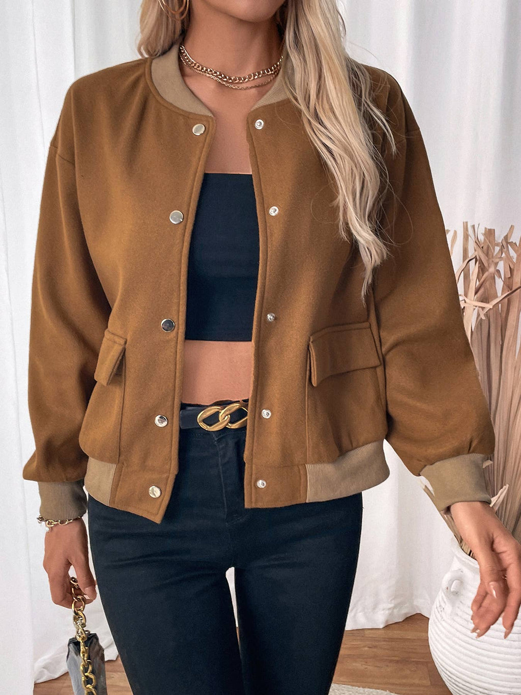 Snap Front Ribbed Trim Bomber Jacket