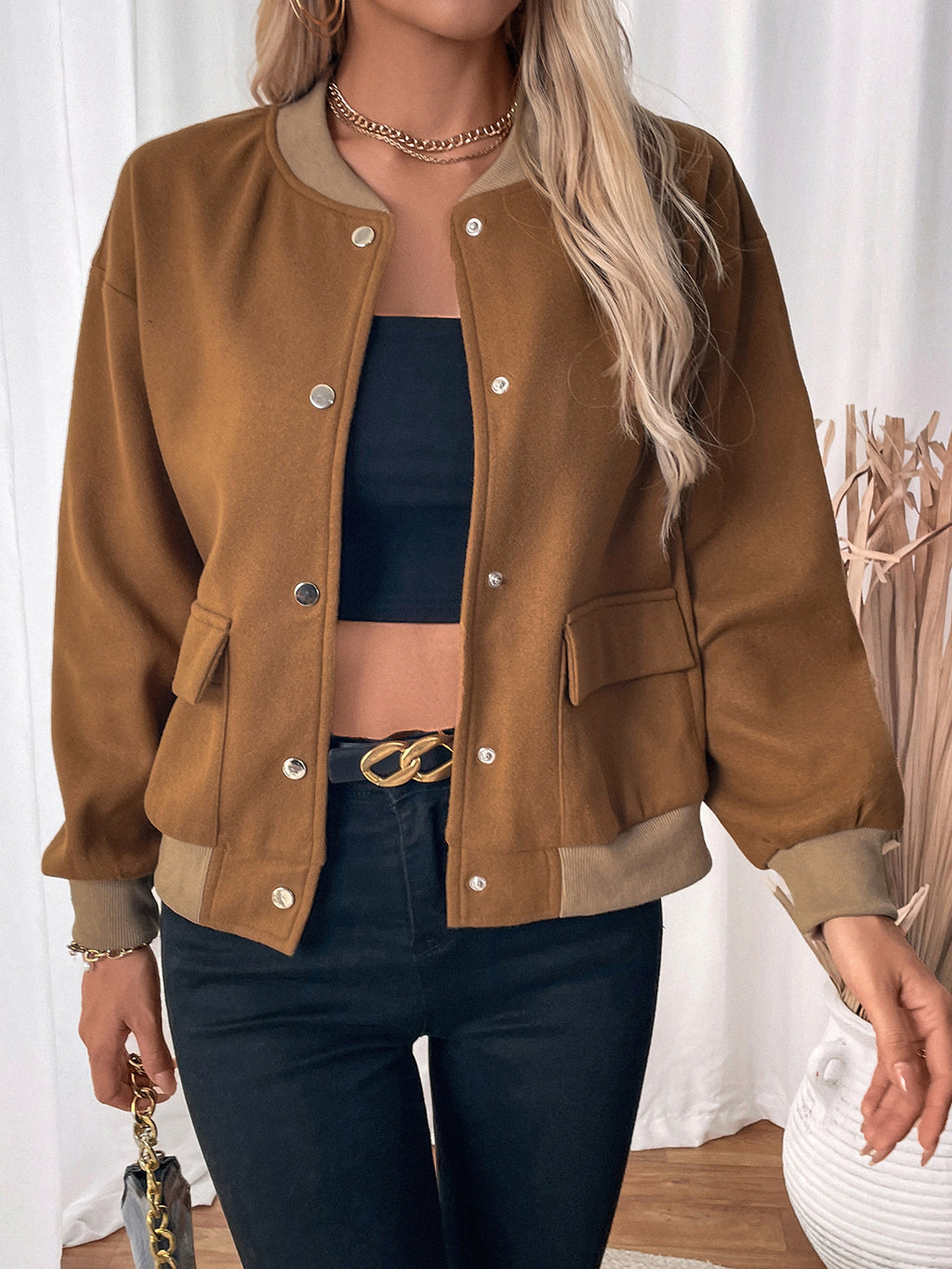 Snap Front Ribbed Trim Bomber Jacket - view 1