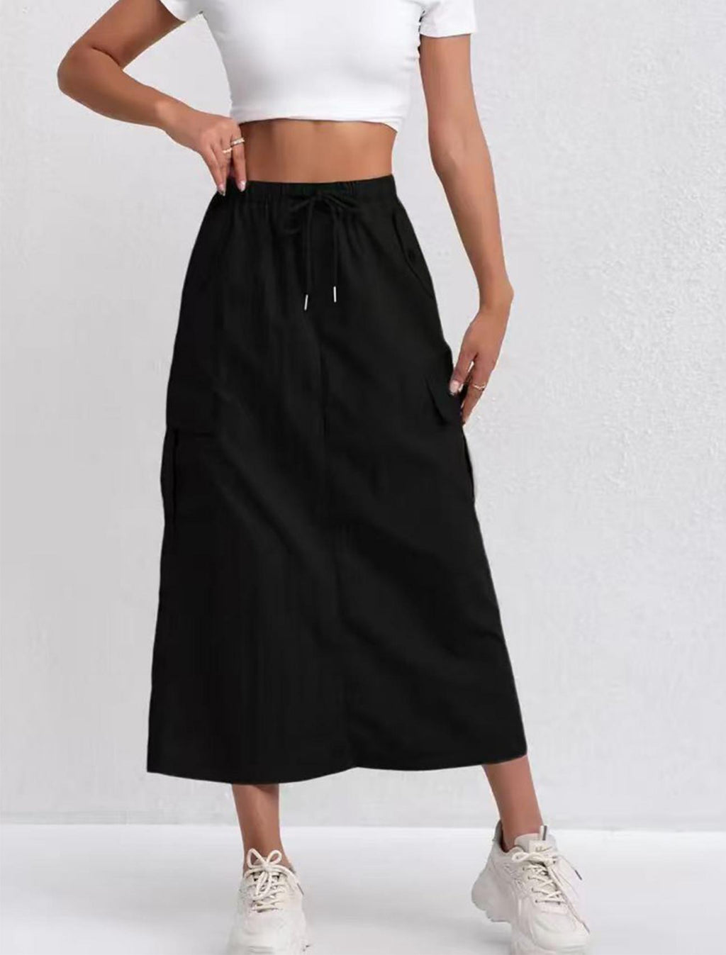 Utility Cargo Pocket Maxi Skirt With Slit - Black