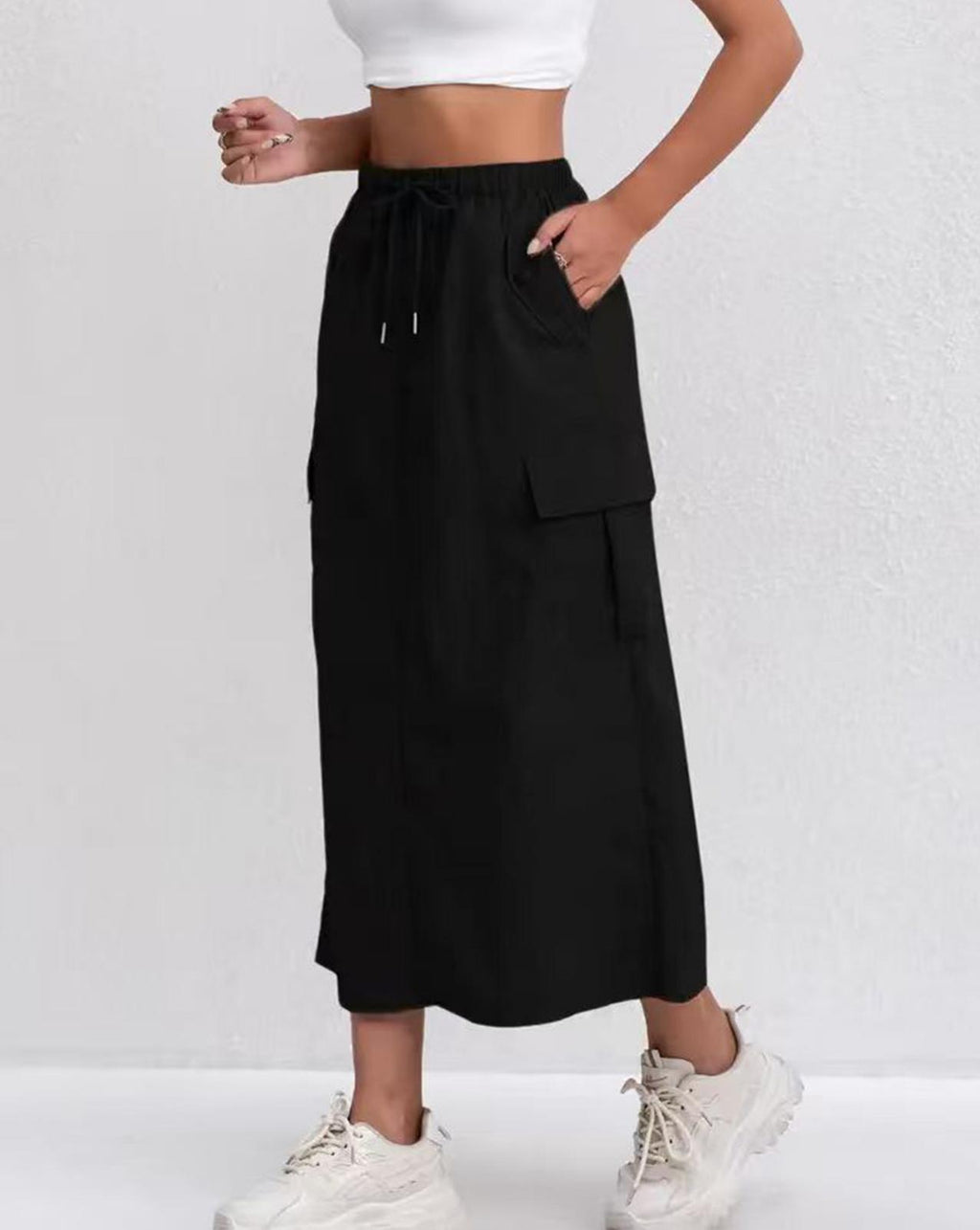 Utility Cargo Pocket Maxi Skirt With Slit - Black - 1