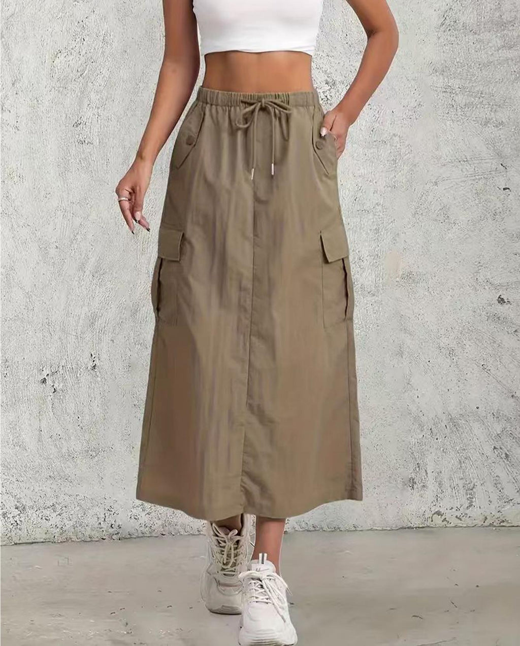 Utility Cargo Pocket Maxi Skirt With Slit - Camel