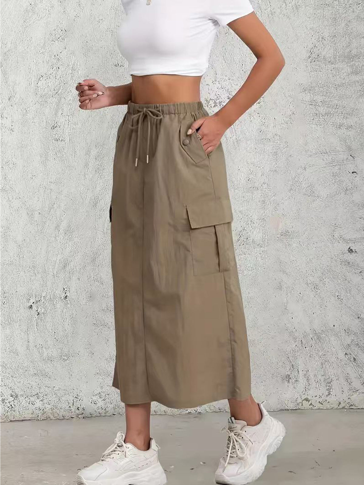 Utility Cargo Pocket Maxi Skirt With Slit - Camel - 1