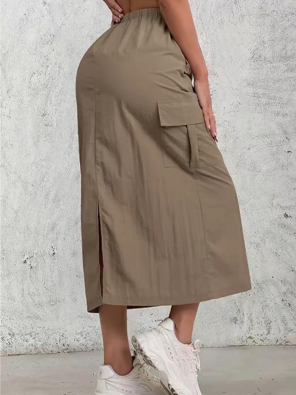 Utility Cargo Pocket Maxi Skirt With Slit - Camel - 2