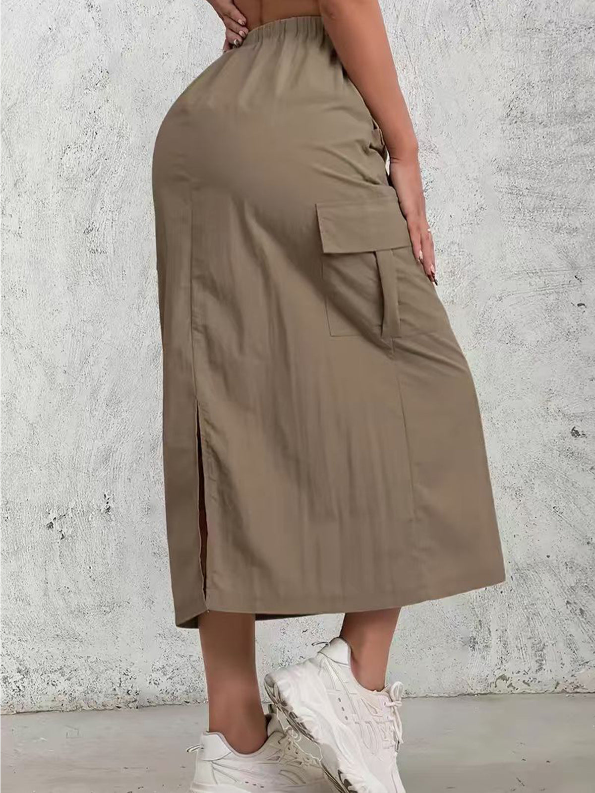 Utility Cargo Pocket Maxi Skirt With Slit - Camel - 2