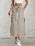Utility Cargo Pocket Maxi Skirt With Slit - Khaki