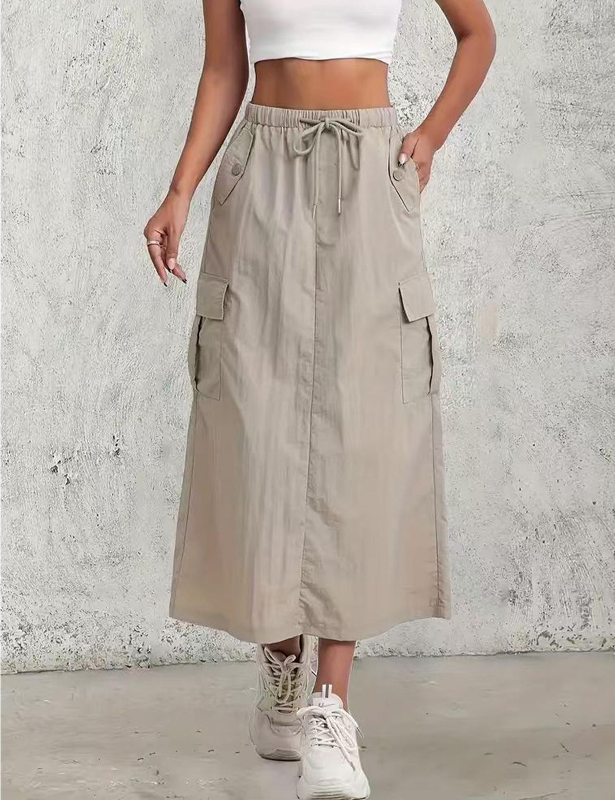 Utility Cargo Pocket Maxi Skirt With Slit - Khaki