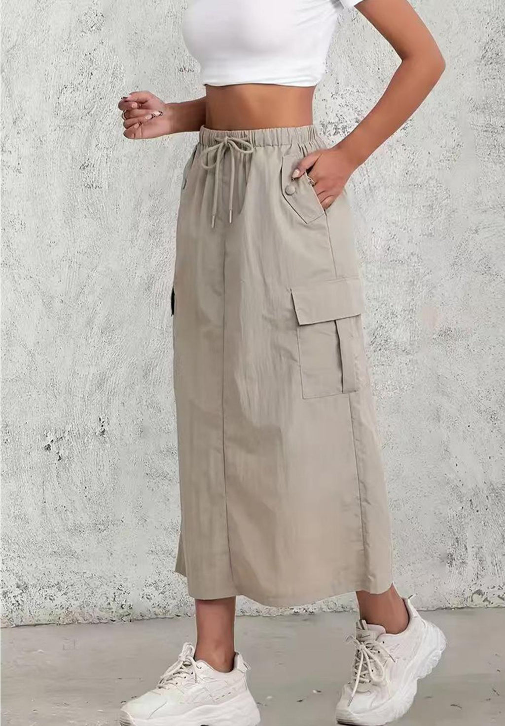 Utility Cargo Pocket Maxi Skirt With Slit - Khaki - 1