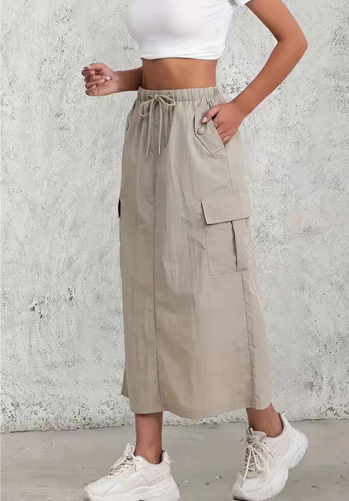 Utility Cargo Pocket Maxi Skirt With Slit - Khaki - 1