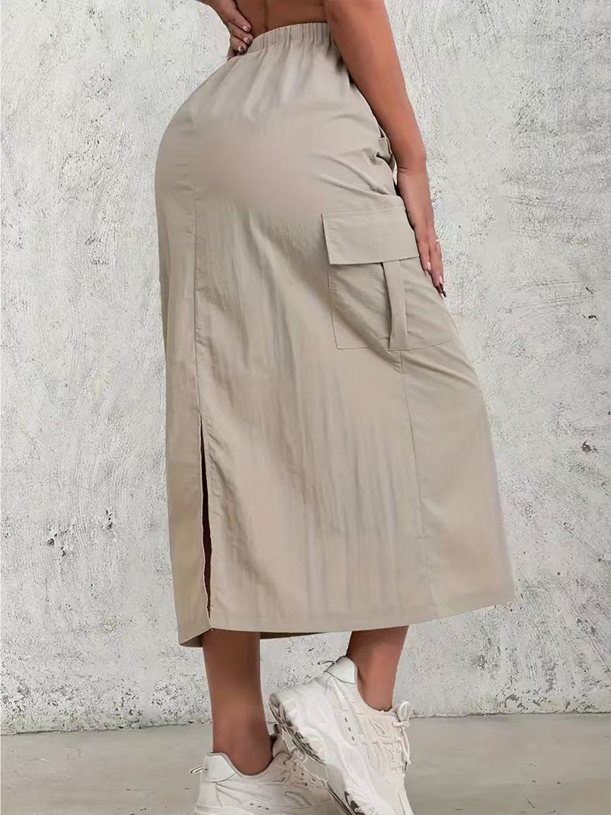 Utility Cargo Pocket Maxi Skirt With Slit - Khaki - 3