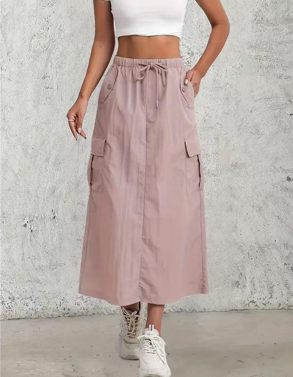 Utility Cargo Pocket Maxi Skirt With Slit - Pink