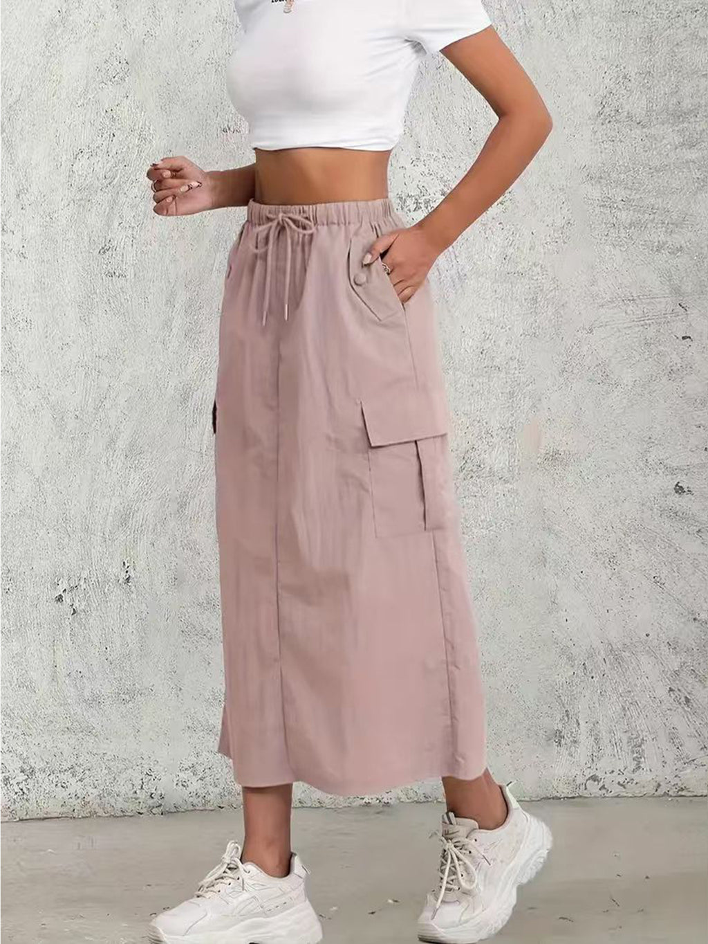 Utility Cargo Pocket Maxi Skirt With Slit - Pink - 2