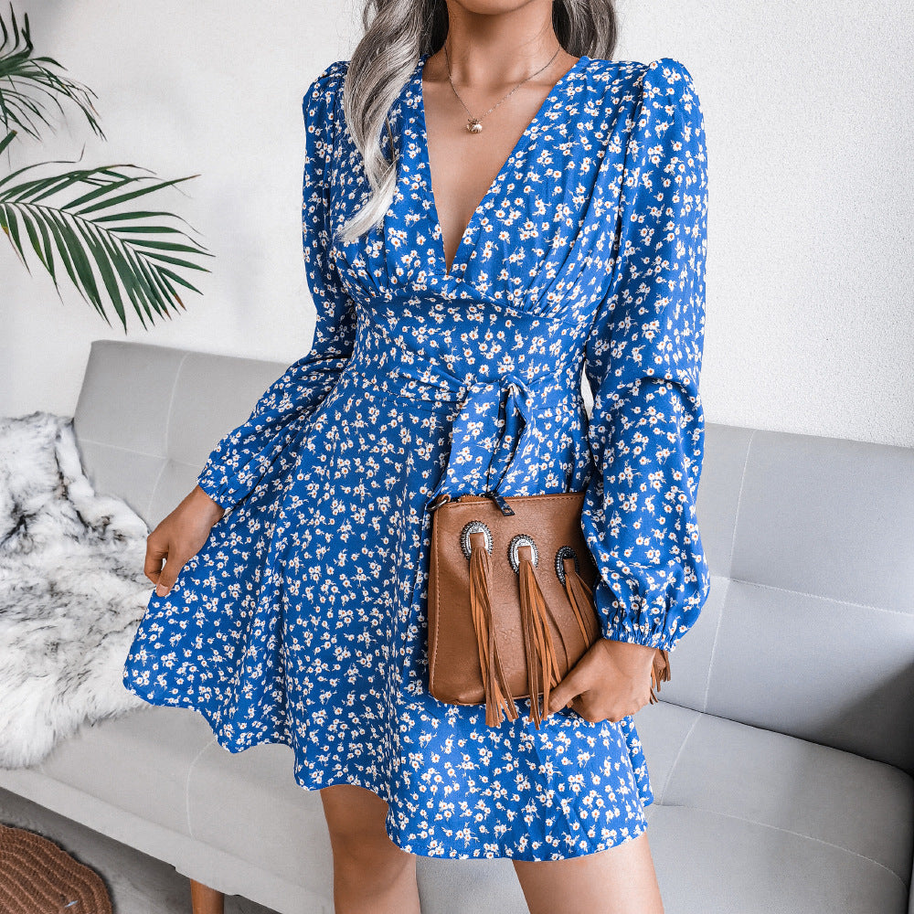 Ditsy Floral Surplice Mini Dress With Tie Waist - Blue - 2