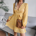 Ditsy Floral Surplice Mini Dress With Tie Waist - Yellow
