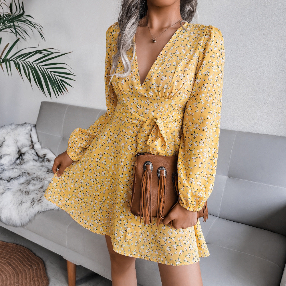 Ditsy Floral Surplice Mini Dress With Tie Waist - Yellow