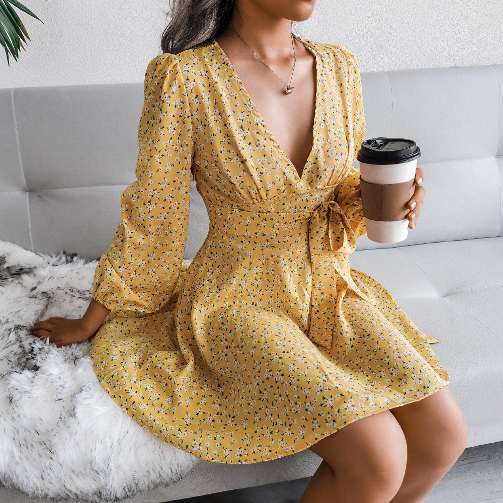 Ditsy Floral Surplice Mini Dress With Tie Waist - Yellow - 1