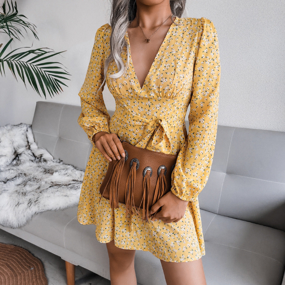Ditsy Floral Surplice Mini Dress With Tie Waist