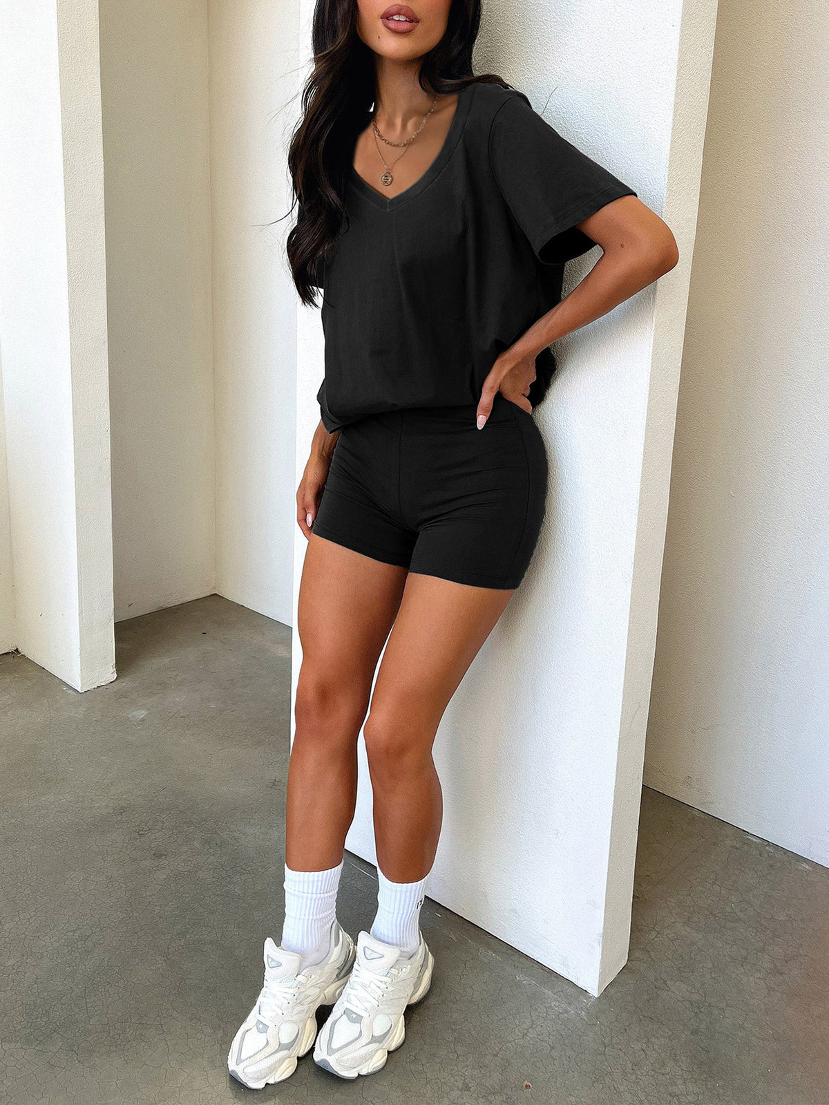V-Neck Tee and Bike Shorts Lounge Set - Black - 2