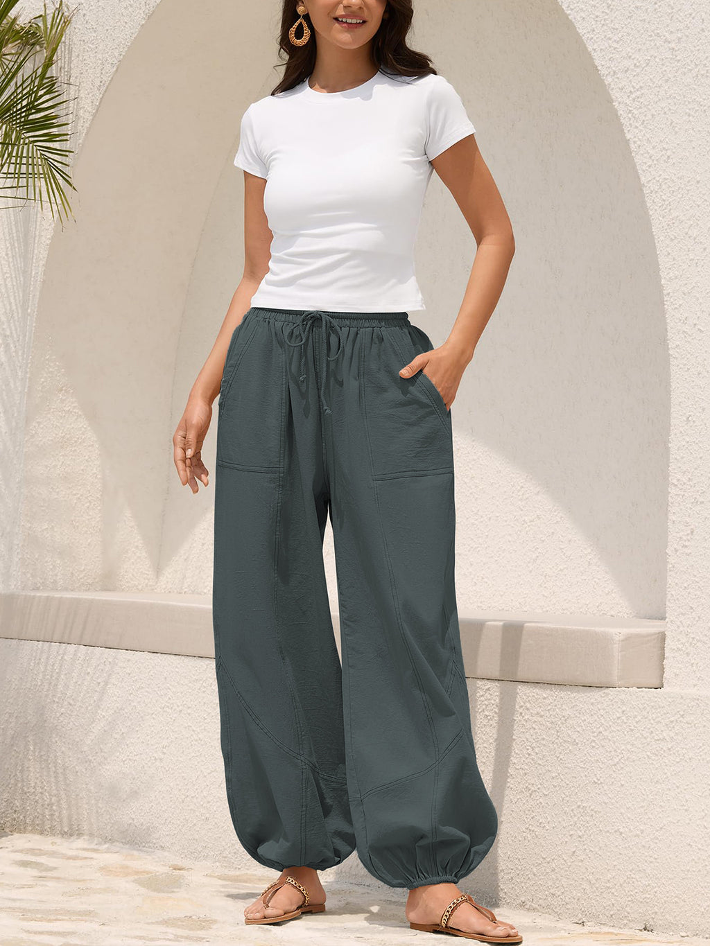 Drawstring Waist Cuffed Balloon Pants - Grey