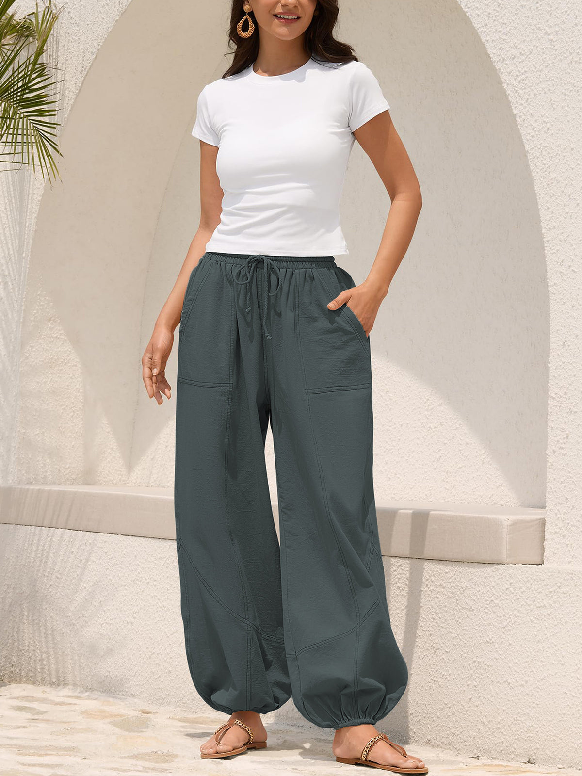 Drawstring Waist Cuffed Balloon Pants - Grey